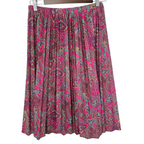 Vintage Jewel Tone Paisley Pleated Midi Skirt Elastic Waist Boho - Picture 2 of 4